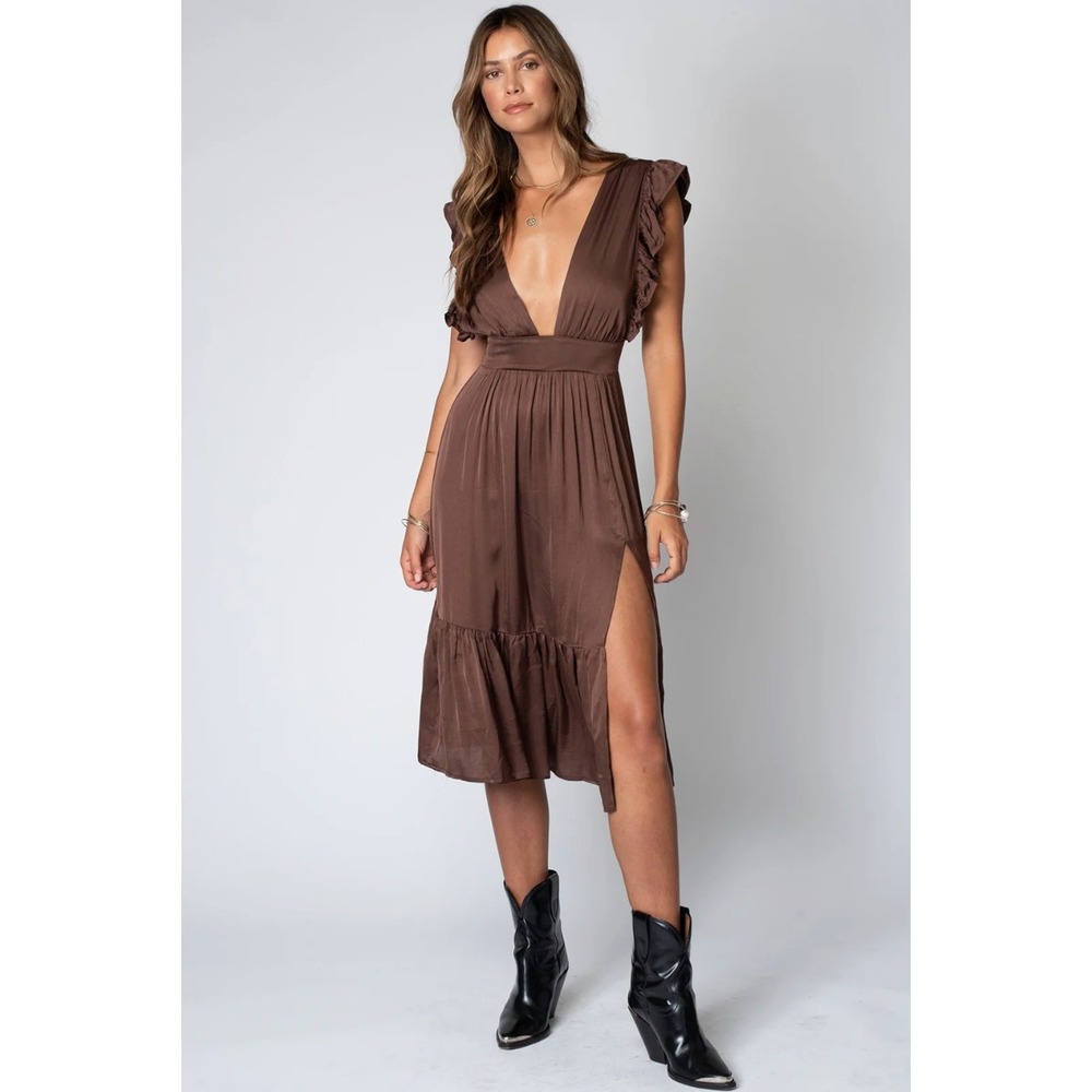 NWOT Stillwater Jessie Midi Brown Satin Deep V Neck Ruffle Sleeve Tiered Dress S
